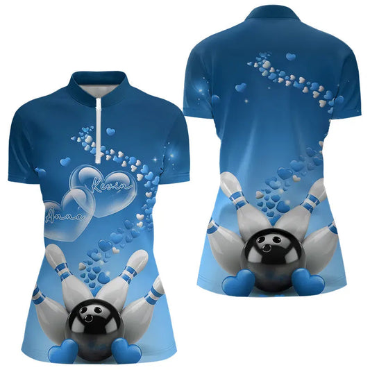 Blue Heart Theme Custom Valentines Bowling  Womens Quarter-Zip Shirts, Couple Bowling Shirt IPHW8345