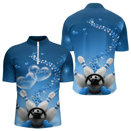 Blue Heart Theme Custom Valentines Bowling Quarter-Zip Shirts For Men, Couple Bowling Shirt IPHW8345