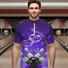 Load image into Gallery viewer, Purple Heart Theme Custom Valentines Bowling Quarter-Zip Shirts For Men, Couple Bowling Shirt IPHW8346