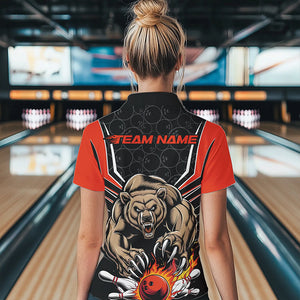 Black And Orange Custom Bear Bowling Jerseys, Bear Bowling Team Polo Shirts For Women IPHW8830