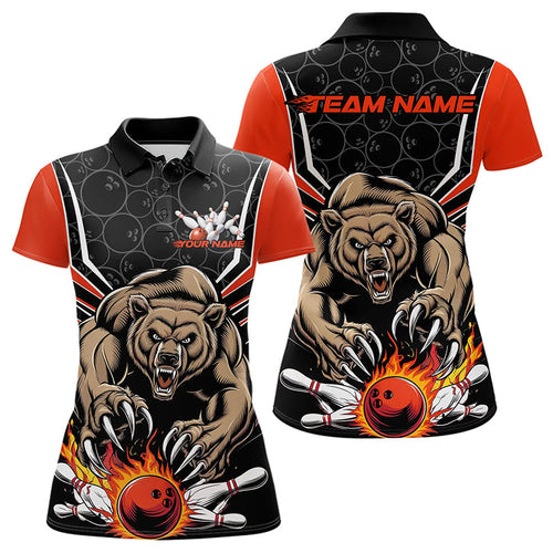 Black And Orange Custom Bear Bowling Jerseys, Bear Bowling Team Polo Shirts For Women IPHW8830