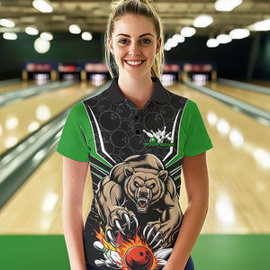 Black And Green Custom Bear Bowling Jerseys, Bear Bowling Team Polo Shirts For Women IPHW8832