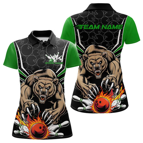 Black And Green Custom Bear Bowling Jerseys, Bear Bowling Team Polo Shirts For Women IPHW8832