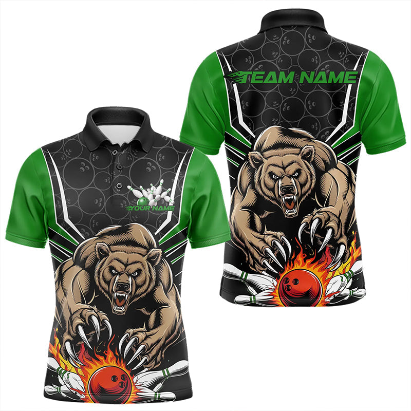 Black And Green Custom Bear Bowling Jerseys, Bear Bowling Team Polo Shirts For Men IPHW8832