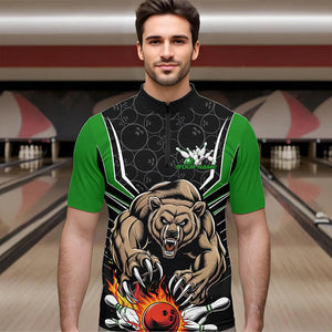 Black And Green Custom Bear Bowling Jerseys, Bear Bowling Team Quarter-Zip Shirts For Men IPHW8832