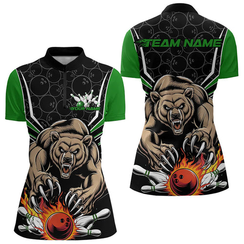 Black And Green Custom Bear Bowling Jerseys, Bear Bowling Team Quarter-Zip Shirts For Women IPHW8832