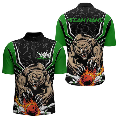 Black And Green Custom Bear Bowling Jerseys, Bear Bowling Team Quarter-Zip Shirts For Men IPHW8832