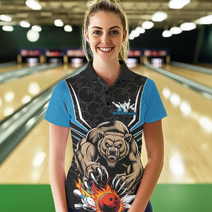 Black And Blue Custom Bear Bowling Jerseys, Bear Bowling Team Polo Shirts For Women IPHW8833