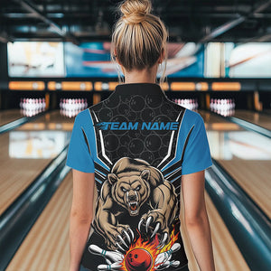 Black And Blue Custom Bear Bowling Jerseys, Bear Bowling Team Polo Shirts For Women IPHW8833