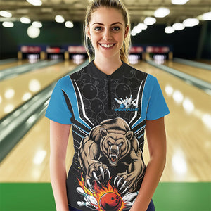 Black And Blue Custom Bear Bowling Jerseys, Bear Bowling Team Quarter-Zip Shirts For Women IPHW8833