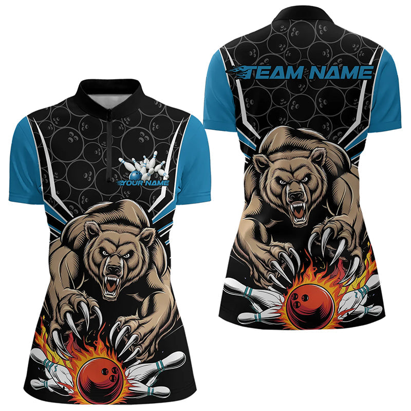 Black And Blue Custom Bear Bowling Jerseys, Bear Bowling Team Quarter-Zip Shirts For Women IPHW8833