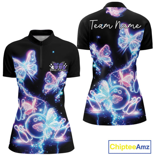 Custom Holographic Butterfly Women Bowling Team Shirts, Ladies Bowling League Shirt IPHW10912