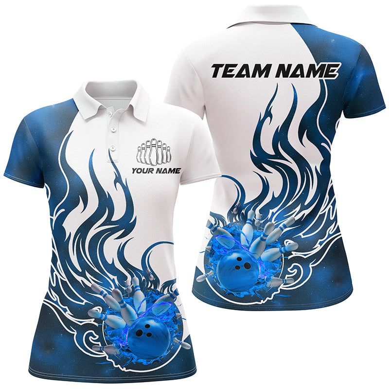 Custom Blue Flame Bowling Shirts For Women, Galaxy Bowling Team Shirts Bowling Uniform IPHW7087