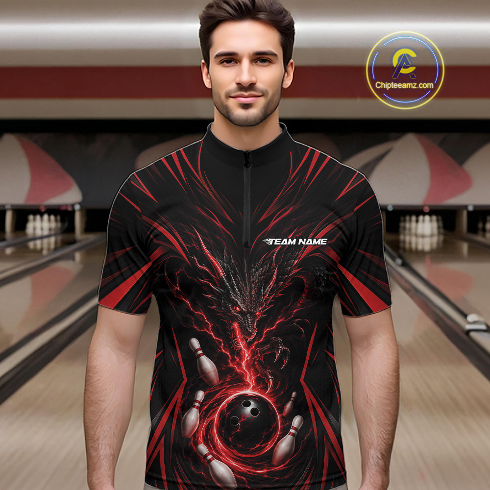 Custom Black And Red Lightning Dragon Bowling Team Men Quarter Zip Shirt, Bowling League Shirt IPHW11838