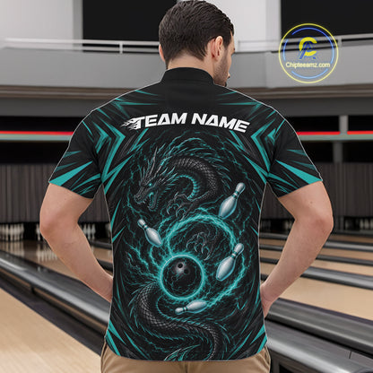 Custom Turquoise Blue Lightning Dragon Bowling Team Men Quarter Zip Shirt, Bowling League Shirt IPHW11839