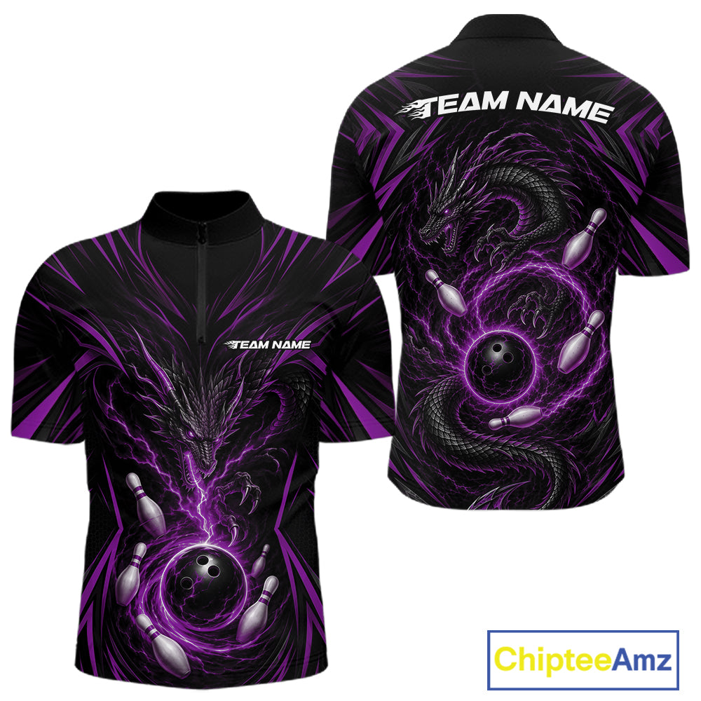 Black short-sleeve zip-up bowling jersey shown from the front and back, featuring a purple and black dragon design with bowling balls and pins