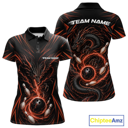 A women's short-sleeve polo shirt shown from the front and back on a white background. The shirt features a black base with a fiery orange and black dragon design intertwined with bowling balls and pins