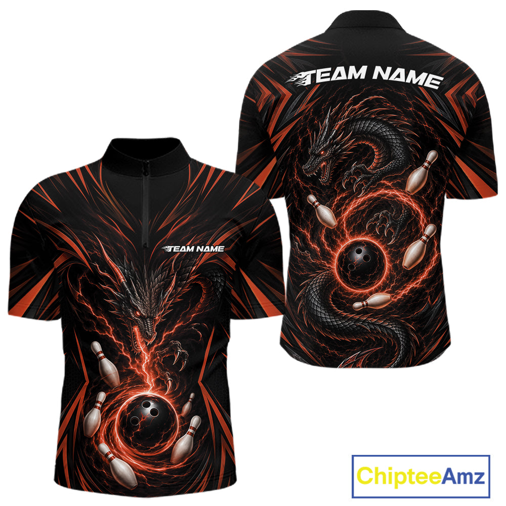 Black short-sleeve quarter zip jersey with a bold dragon and bowling ball graphic in orange and black shown from both front and back on a white background. The back has 'TEAM NAME' printed across the shoulders, and a 'ChipteeAmz' logo appears in the bottom right corner.