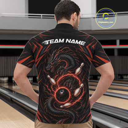 A male model wearing a black and orange lightning dragon bowling-themed shirt with 'TEAM NAME' text at a bowling alley.