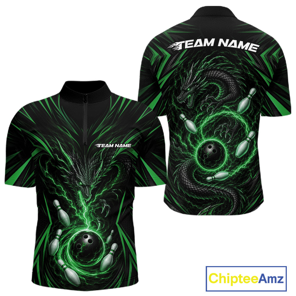Front and back views of a black short-sleeve zip-up jersey with a neon green and black dragon wrapping around bowling balls, on a white background with a ChipteeAmz logo in the bottom right corner.