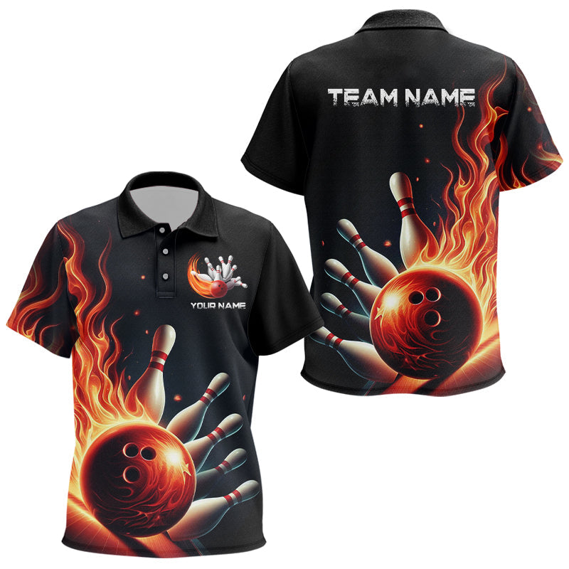 Personalized Red Flame Bowling Polo Shirts For Kid, Bowling Team Jerseys Strike Bowling IPHW5405