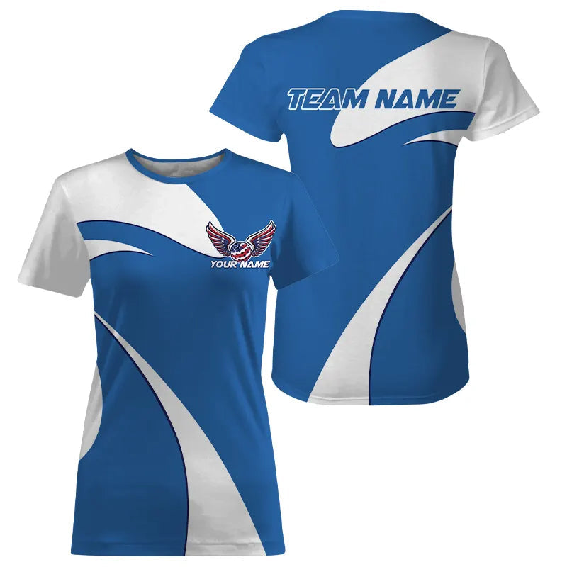 Custom American Flag Picklebal Wings Blue T-Shirts For Women, Patriot Pickleball Team Shirt IPHW8118
