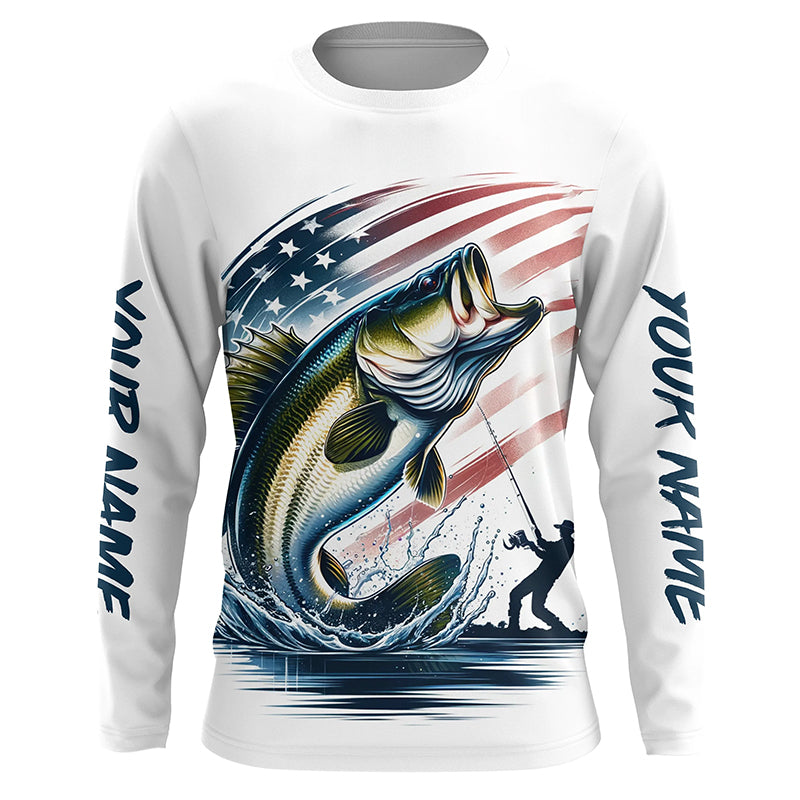 Personalized American Flag Bass Long Sleeve Fishing Shirts, Patriotic Bass Fishing Jerseys IPHW6045