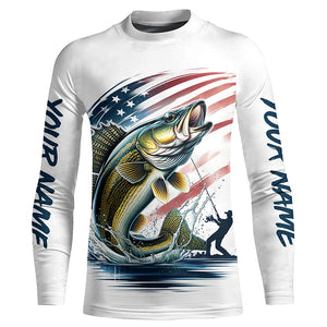 Personalized American Flag Walleye Long Sleeve Fishing Shirts, Patriotic Walleye Fishing Jerseys IPHW6046