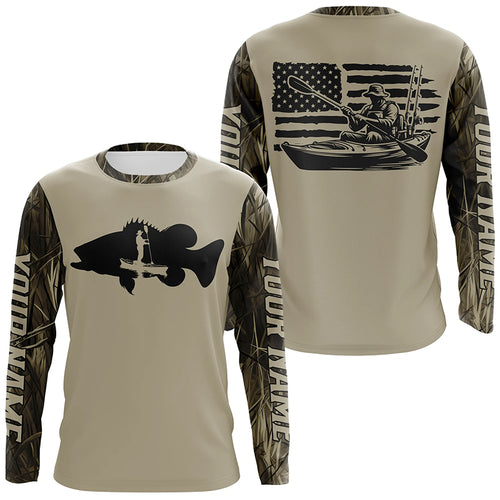 Personalized American Flag Kayak Bass Fishing Long Sleeve Shirts, Lake Camo Kayak Fishing Shirt IPHW6053