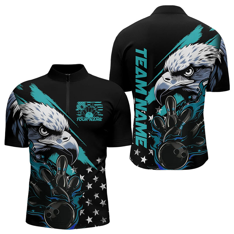 Black And Blue American Flag Eagle Custom Patriotic Flame Bowling Team Men Quarter-Zip Shirts IPHW8849
