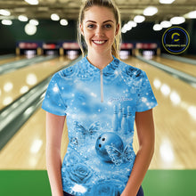Load image into Gallery viewer, Custom Elegant Blue Roses And Butterfly Women Bowling Quarter-Zip Shirts, Ladies Outfit IPHW10935