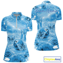Load image into Gallery viewer, Custom Elegant Blue Roses And Butterfly Women Bowling Quarter-Zip Shirts, Ladies Outfit IPHW10935