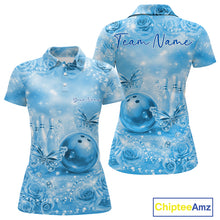Load image into Gallery viewer, Custom Elegant Blue Roses And Butterfly Women Bowling Polo Shirts, Ladies Outfit IPHW10939
