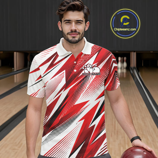 Man wearing a red and white bowling shirt with a logo in the background
