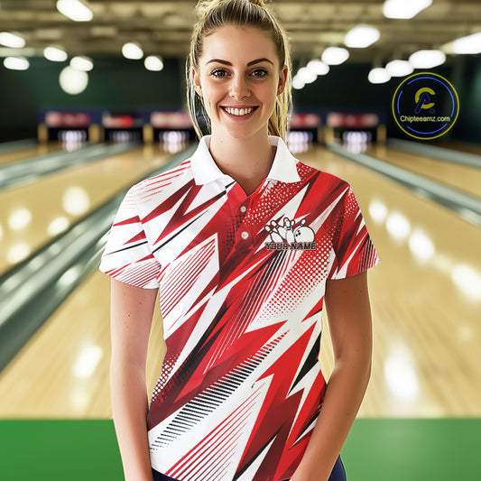 Woman in a red and white patterned shirt standing in a bowling alley
