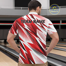 Load image into Gallery viewer, Person wearing a red and white bowling shirt with 'TEAM NAME' on a bowling alley.