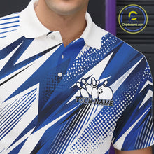 Load image into Gallery viewer, Blue and white bowling shirt with a logo and text on a person wearing it.