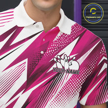 Load image into Gallery viewer, Person wearing a pink and white bowling shirt with a logo and text space.
