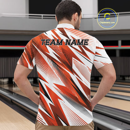 Person wearing a red and white bowling shirt with 'TEAM NAME' on a bowling alley.