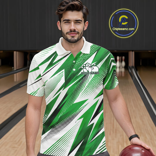 Man wearing a green and white sports jersey in a bowling alley with 'Chipteamz.com' logo.