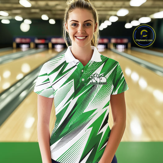 Woman wearing a green and white patterned shirt in a bowling alley