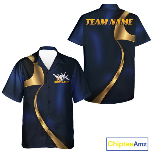 Custom short-sleeve button-up camp shirt shown in front and back views. The shirt is navy blue with metallic gold abstract wave patterns and customizable text placeholders reading 'TEAM NAME' and 'YOUR NAME'.