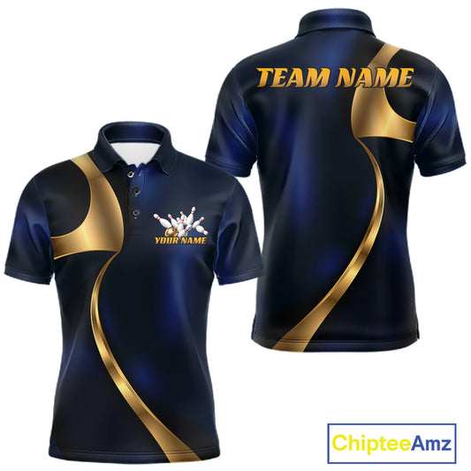 Custom short-sleeve polo shirt shown from front and back on a white background. The shirt is dark navy blue with metallic gold abstract wave graphics, featuring customizable text placeholders 'TEAM NAME' on the back and 'YOUR NAME' with a bowling pins graphic on the front.