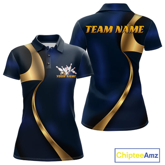 Custom short-sleeve polo shirt shown from the front and back in navy blue with metallic gold graphic stripes. The front features a white bowling pins and balls logo with customizable text 'YOUR NAME', and the back displays 'TEAM NAME' in gold.