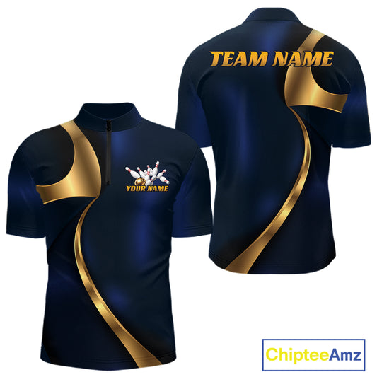 Custom short-sleeve athletic jersey shown from the front and back in dark navy blue with metallic gold curved stripes. The front features a mock neck, short sleeves, and a customizable bowling graphic with the text 'YOUR NAME'.