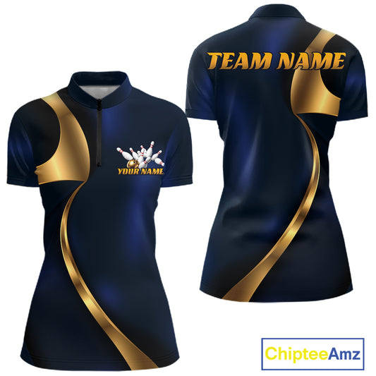 Custom short-sleeve athletic polo shirt shown from the front and back on a white background. The shirt is dark navy blue with metallic gold curved stripe accents, featuring a half-zip collar, a bowling graphic with white bowling pins and yellow text on the front chest, and 'TEAM NAME' printed in gold on the back.