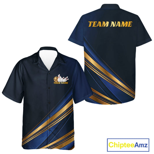 Custom short-sleeve button-up camp shirt shown in front and back views. The shirt is navy blue with diagonal gold and blue stripes, featuring customizable text 'TEAM NAME' on the back and 'YOUR NAME' with a mascot graphic on the front chest.