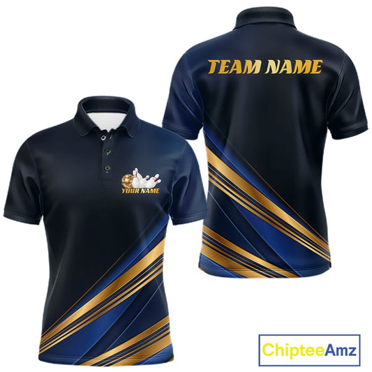 Custom short-sleeve polo shirt shown from the front and back on a white background. The shirt is dark navy blue with diagonal gold stripes near the hem and upper back, featuring 'TEAM NAME' printed in gold on the back and a customizable crest/logo area on the front chest.