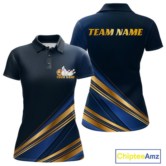Customizable navy blue polo shirt shown from the front and back. The front features a small custom graphic on the left chest with a bowling pin and the text 'YOUR NAME'.