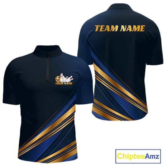 Custom short-sleeve athletic quarter-zip shirt shown in front and back views. The shirt is navy blue with diagonal gold and blue stripes, featuring customizable text 'TEAM NAME' on the back and 'YOUR NAME' with a rabbit graphic on the front chest.